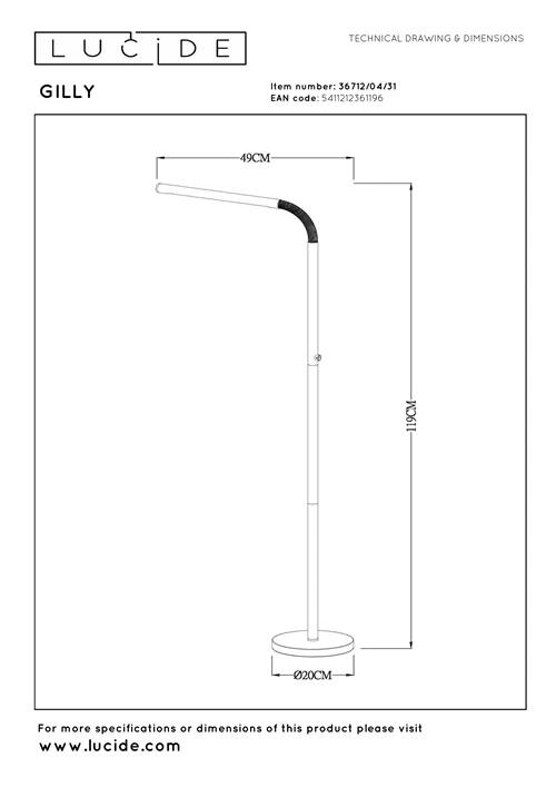 Lucide GILLY - Rechargeable Floor reading lamp - Battery pack - LED Dim. - 1x6W 2700K - White - technical